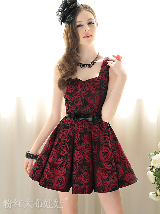 FREE SHIPPING Deep red rose slim waist big skirt sleeveless one-piece dress sleeveless