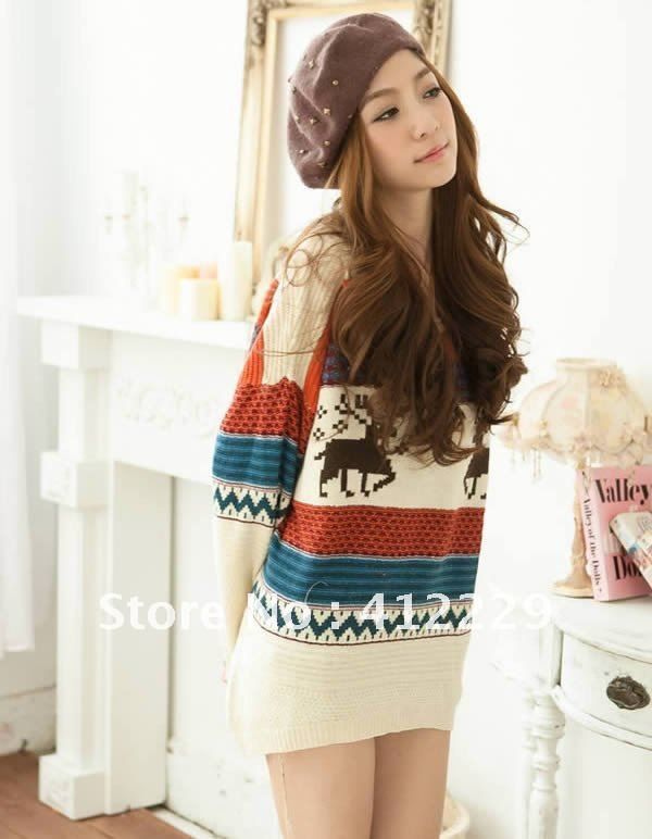 Free shipping deer moose pattern striped round neck full sleeve sweater knitting pullovers 2012 design hot selling