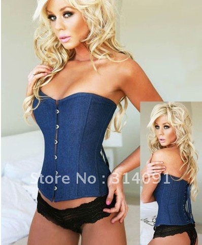 Free shipping!! Denim Corset with Lace Thong Sexy Lingerie Bustier / G-string slim n lift 8195