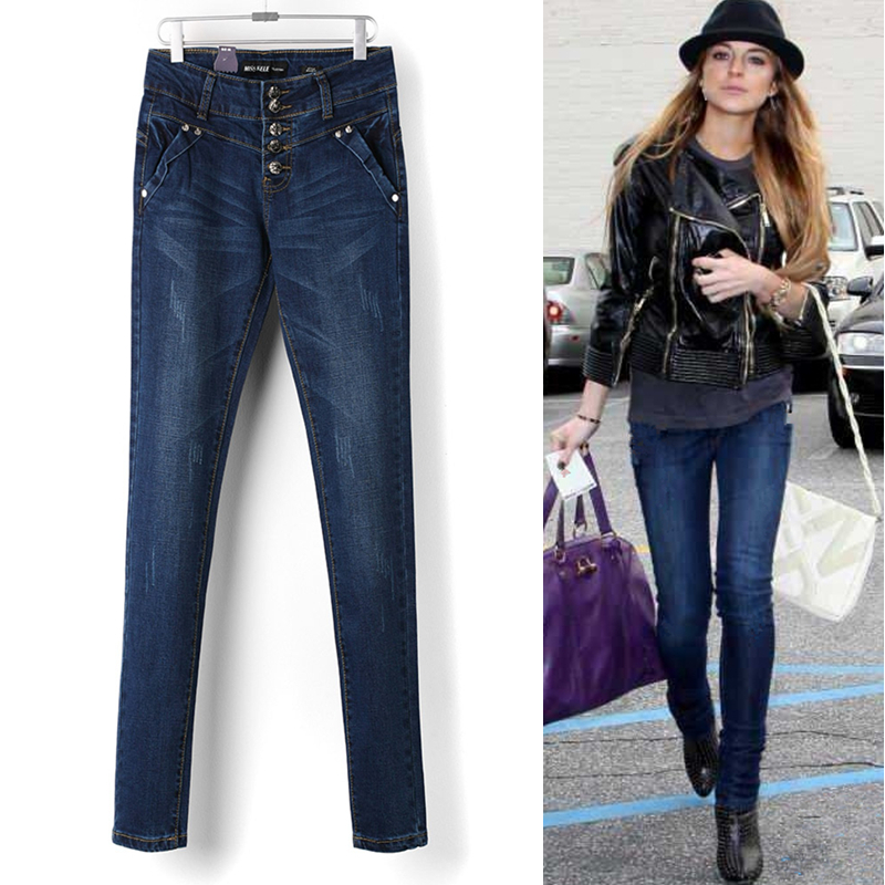 Free shipping, Denim pants slim breasted mid waist jeans female skinny pants personality xiecha pocket