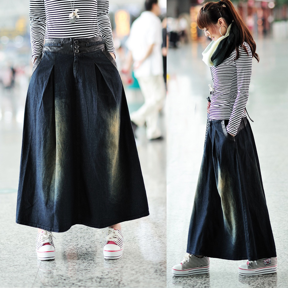 Free shipping Denim skirt long design full dress leather decoration bust skirt