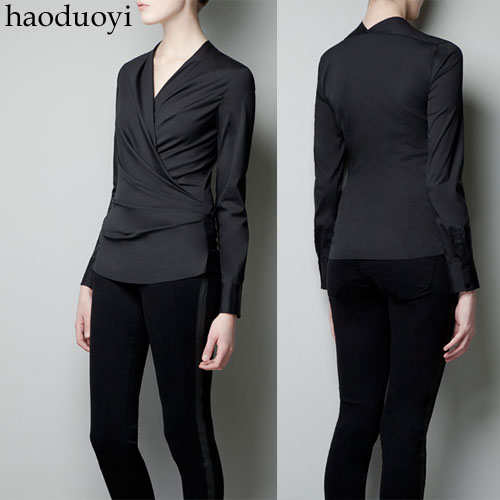 Free Shipping Design slim black nylon high-elastic pleated V-neck long-sleeve shirt female 6 full