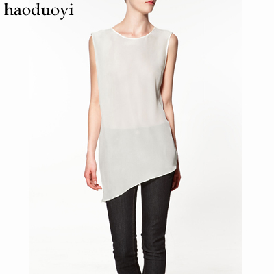 Free Shipping Design studio asymmetrical top solid color chiffon vest chiffon shirt white 6 full