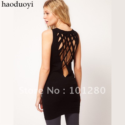 FREE SHIPPING Designer back mesh cross knitted black tank dress one-piece dress 6 full