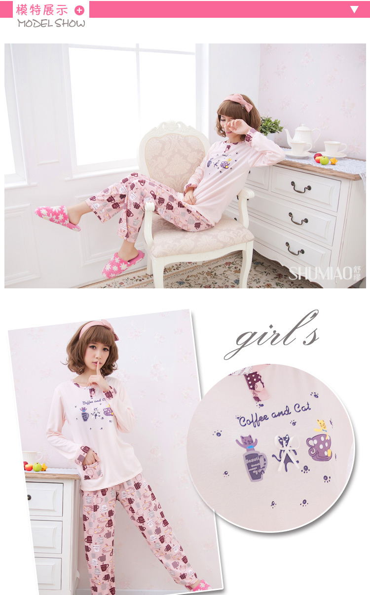 Free shipping Discount new pajamas female cotton long sleeve lovely cartoon small cat leisure wear two suit