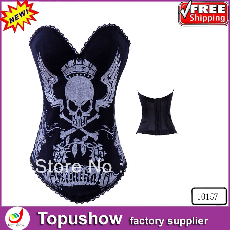 Free shipping ! Discount skull head tattoo corset overbust sexy lace up bustier burlesque costumes with G-string S-XXL 10157