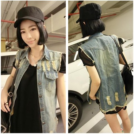 Free shipping Distrressed nostalgic street style long design denim vest