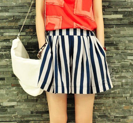 Free shipping Divided skirts, shorts, blue and white striped chiffon fashion # 8903