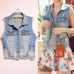 Free Shipping Do the old hole denim vest denim jacket 6635 vest women jeans