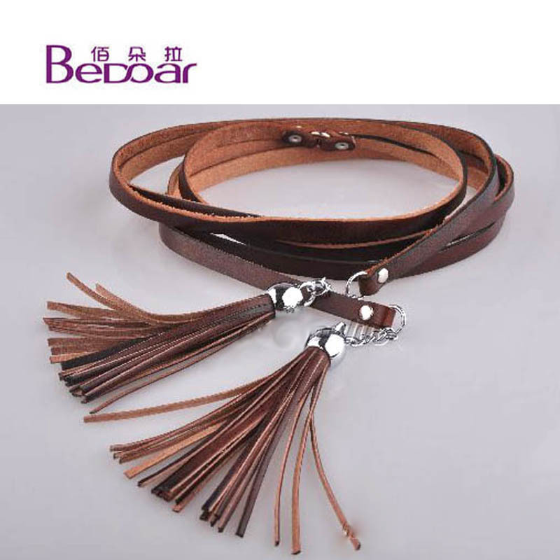 Free Shipping Dora tassel tieclasps double-circle women's genuine leather thin belt ring cowhide strap