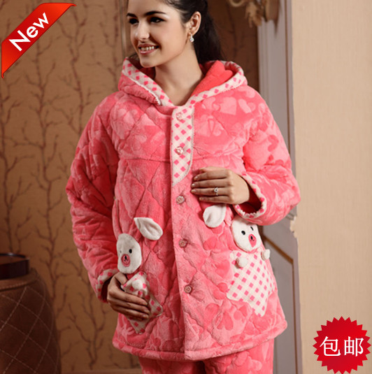 Free Shipping double faced super soft coral fleece cotton-padded thickening sleep set Sleep & Lounge