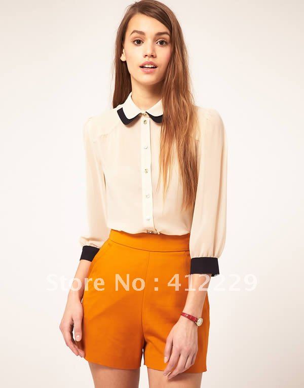 Free shipping double-layer peter pan collar 3/4 sleeve solid button placket chiffon blouse & shirt 2012 new fashion