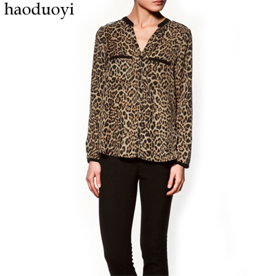 Free Shipping Double pocket  sexy leopard print long-sleeve chiffon shirt 5 full