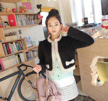 Free Shipping  Double small buttons double bow decoration goatswool black shorts coat 1340 MY