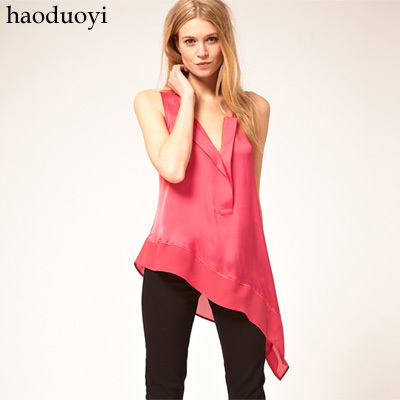 Free Shipping Dovetail asymmetrical sweep loose deep v neck satin chiffon shirt vest 2 6 full