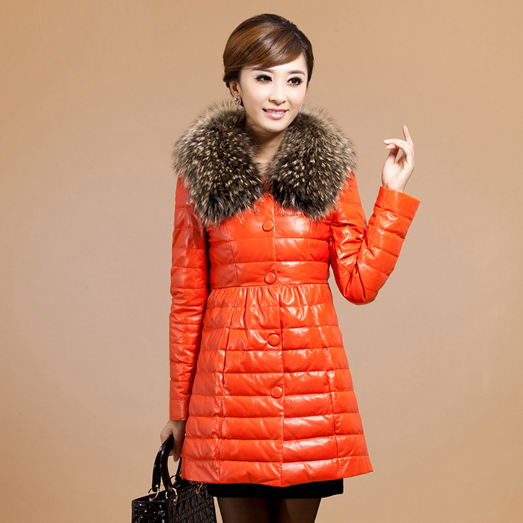 free shipping Down genuine leather clothing 2012 female o-neck fur collar sheepskin raccoon fur outerwear 1116