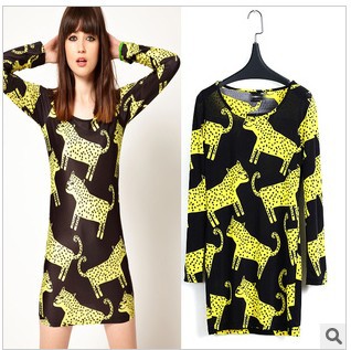 Free Shipping DR-059 Women's Gold Leopard Printed Dress Long Sleeve O-neck Dresses Fashion Tops