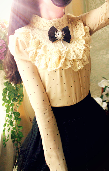 Free shipping Dream lace bow dot vintage sweet princess vintage lace shirt chiffon shirt