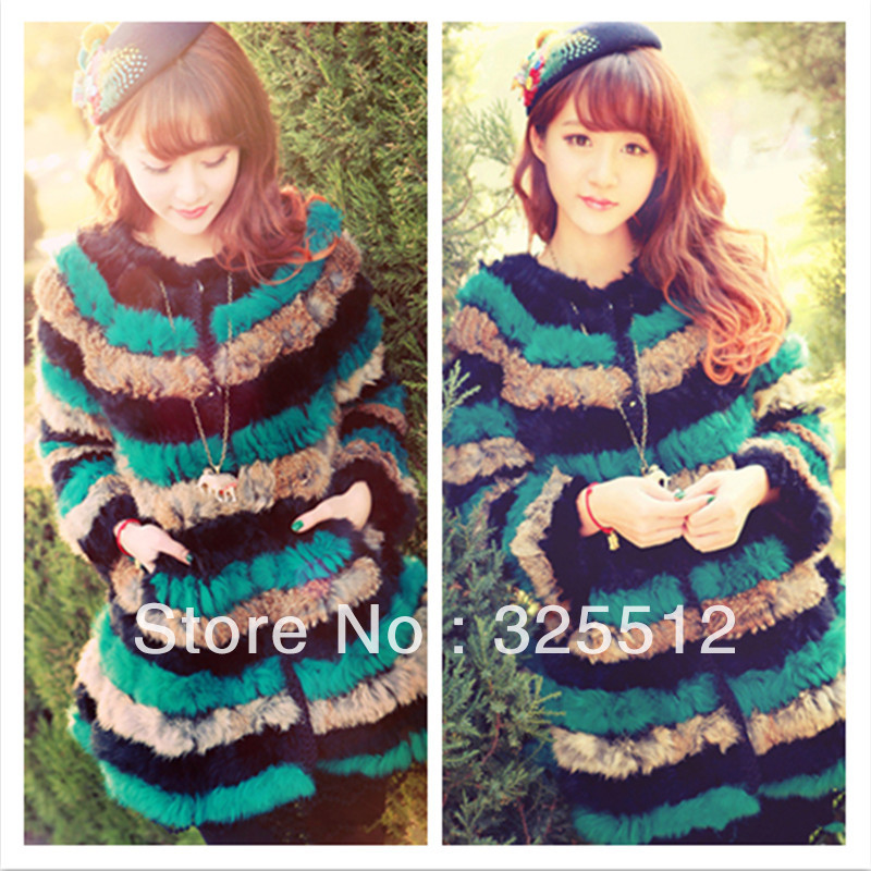 Free Shipping Drop Shipping Free Size Long Length Multi Color Hand Crochet 100% Real Rabbit Fur Coat