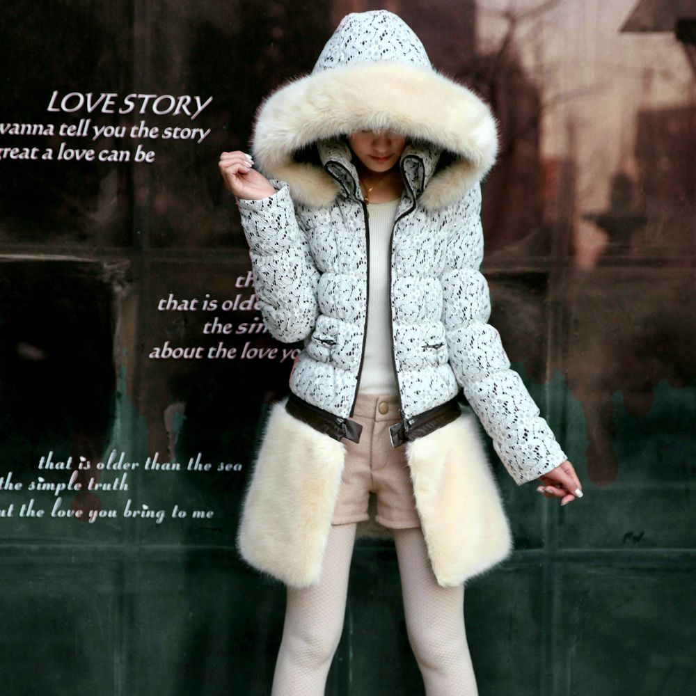 Free shipping E2012 winter new arrival women's lace slim down coat thickening medium-long outerwear