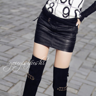 free shipping ELAND 2013 winter modeling black all-match slim hip section of leather short skirt bust skirt