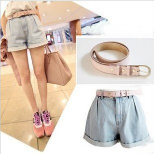 Free Shipping ELAND e 1 e 2013 spring roll up hem light color pleated high waist denim shorts pink strap dress wholesale