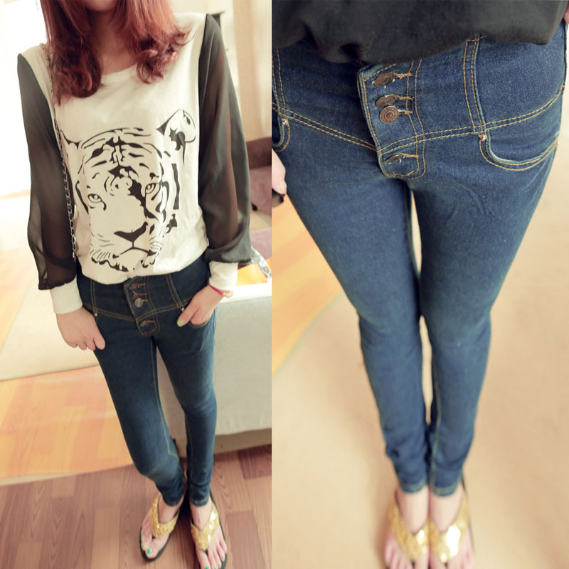 Free Shipping ELAND q19 2013 buttons butt-lifting high waist skinny jeans pencil pants dress wholesale