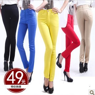 Free shipping Elastic denim cotton candy color high waist plus size skinny pants pencil pants female trousers pants