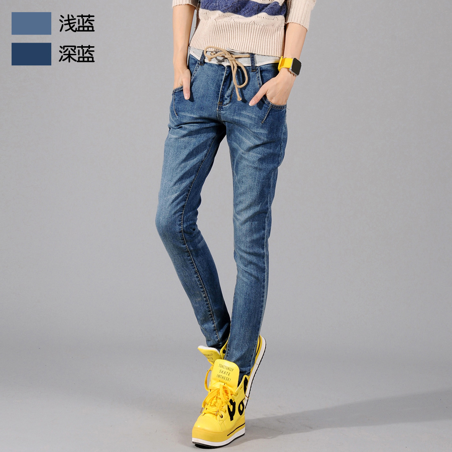 Free shipping Elastic elastic waist pleated casual jeans female trousers slim pencil pants