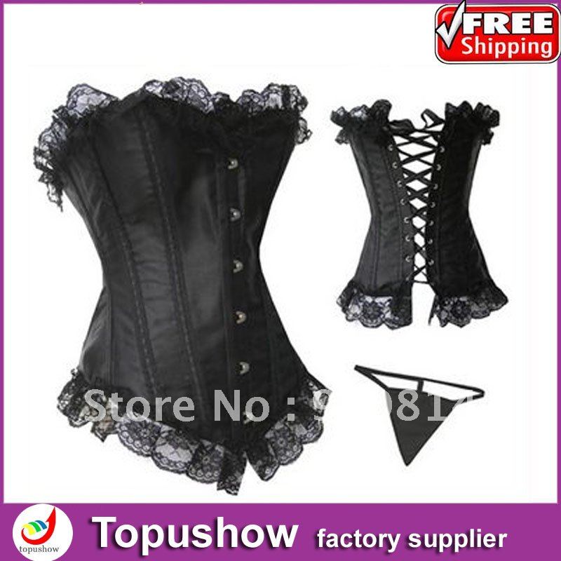 Free shipping!  Elegant Black Sexy Lace Up Steel Bondage Corset Bustier G-string Shapers Wholesale S-XXL 9035