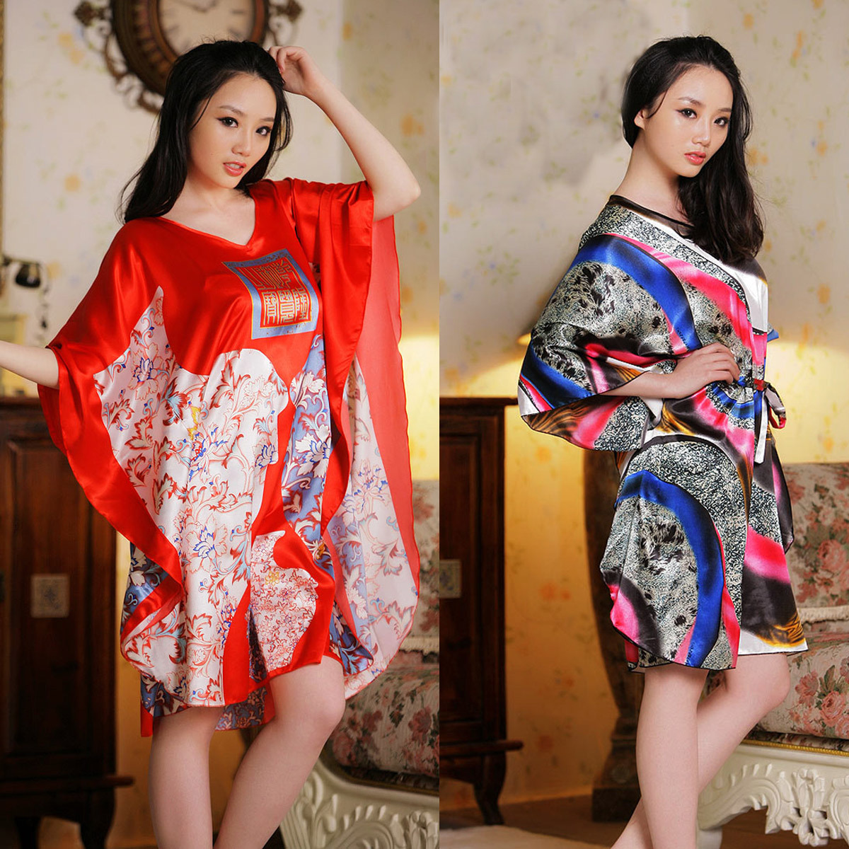 free shipping Elegant blue and white porcelain batwing shirt faux silk print irregular sleepwear nightgown lounge