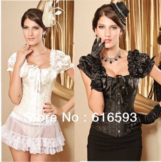 Free Shipping Elegant Elastic Short Sleeve Ribbon Bow Palace Print Lace-up Back Satin Dear Lover Corset Black/Ivory