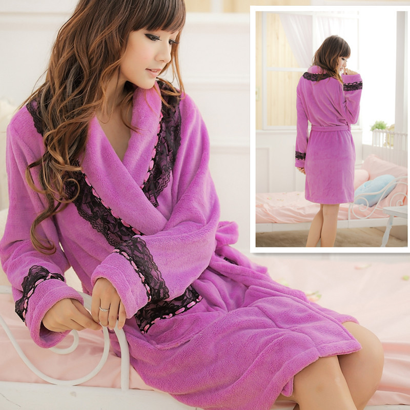 free shipping Elegant noble purple women's autumn and winter coral fleece sleepwear bathrobes long-sleeve robe lounge