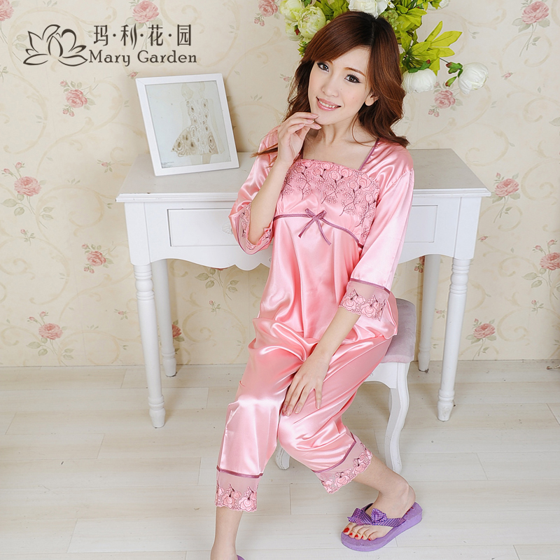 Free shipping Elegant spring women's solid color faux silk long-sleeve sleepwear twinset female lounge