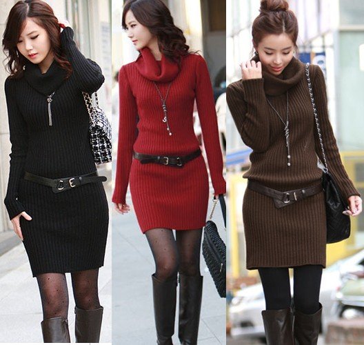 Free Shipping!!! Elegant Turtleneck Long Sleeve Slim Sweater Dress Black/Red/Coffee/Khaki