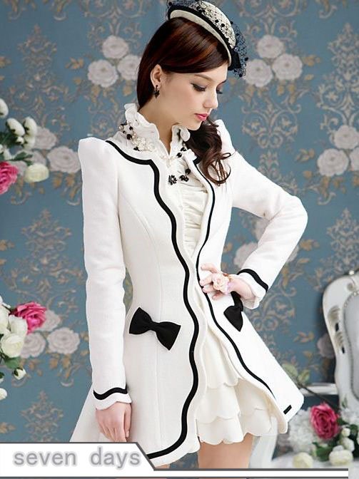 Free Shipping  Elegant Women Fashion Bow Design Petal Edge Slim Fit Long  Coat ZL091733WI