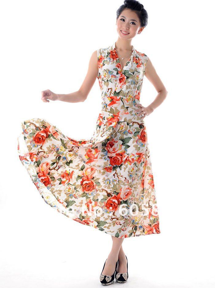 Free shipping-elegant women's dresses/ floral dresses sleeveless A-line V-neck L~XXXL stretchable fit most-orange Chinese rose