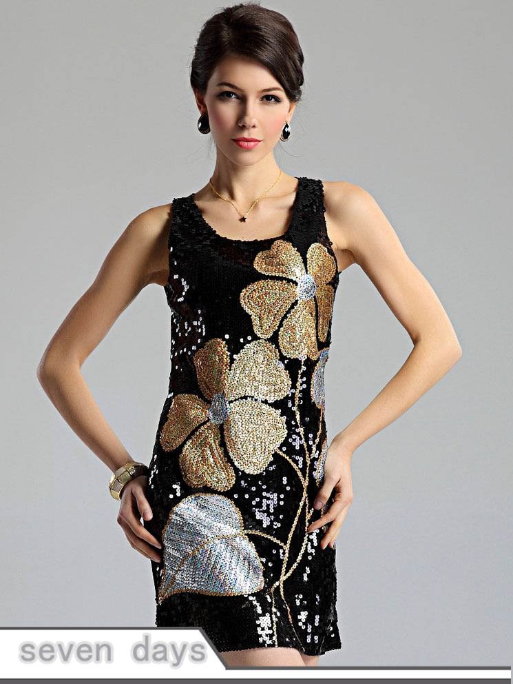 Free Shipping Elegant Women Sequins Lucky Clover Design Tank  Dress ZL071206YL