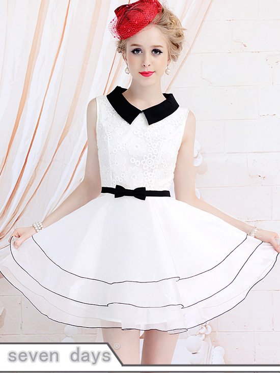 Free Shipping Elegant Women Turn Collar Embroidery Pure Color White Sleeveless Tank Mini Dress SL061321WI