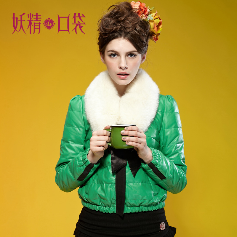 Free shipping ELF SACK queen winter arctic fox fur collar leather kingfishers green down coat