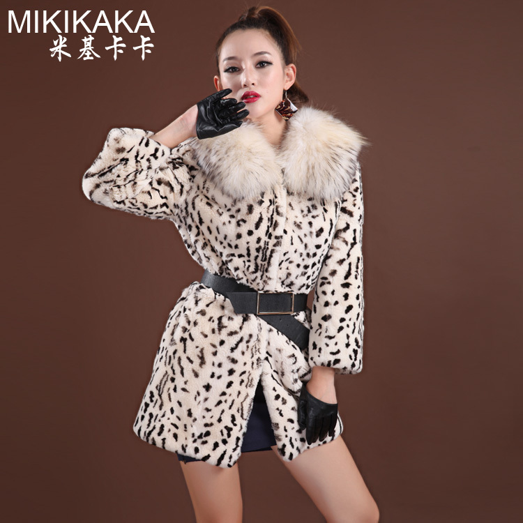 Free Shipping(EMS/DHL) 2013 New Hot Fashion Rex rabbit hair raccoon fur leopard print fur Women medium-long slim outerwear W13