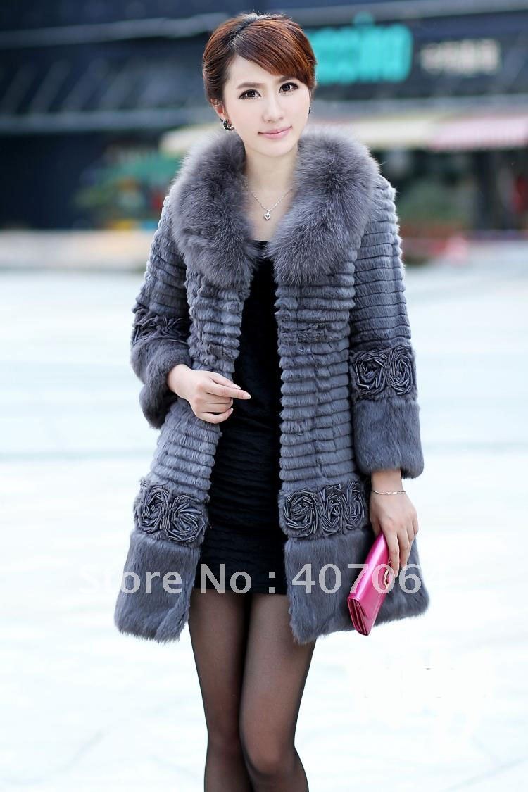 Free shipping EMS! New women 's luxury jacket fox fur collar , rabbit hair Slim long coat bcvnhmk