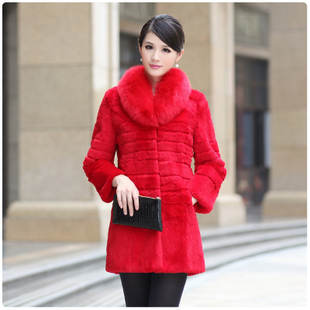 Free shipping EMS women's long rabbit fur overcoat with fox fur collar rabbit fur coat TF092