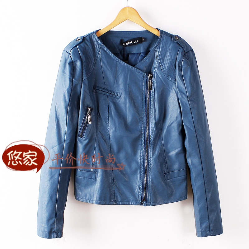 free shipping End of a single 2013 spring epaulette rivet o-neck side zipper jacket leather clothing women's