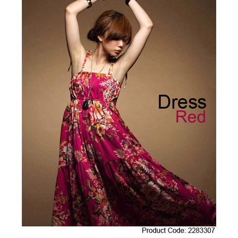 Free Shipping  Ethnic Colorful Red Printed Elastic Long Cotton Women's Sleeveless Dresses