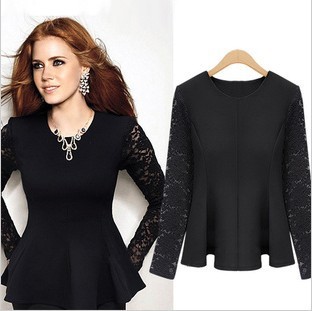 free shipping Euro-Amer crochet black lace round neck temperament long sleeve Blouses  bottom shirt Z235 retail /wholesale