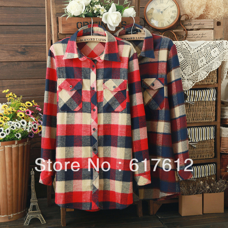 free shipping Europe America New spring classic lattice models lapel women fashion long-sleeved flannel blouses shirts for lady