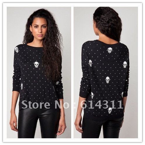 FREE SHIPPING Europe and the United States detonation of skeleton head wave point long sleeve hedge sweater