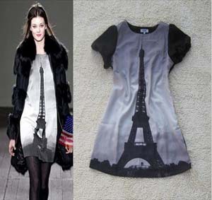 Free Shipping Europe Fashion Novelty Chiffon Dress New 2013 Spring  Printing Eiffel Tower Ladies Dress