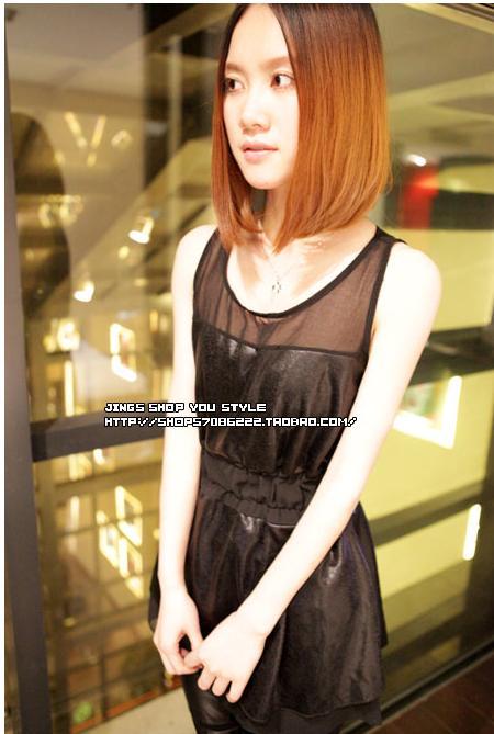 Free shipping Europe Fashion Sexy Transparent Backless / Leather Patchwork Chiffon / Tank dresses